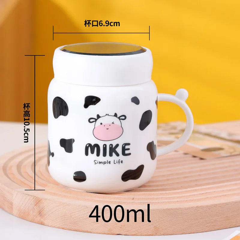 Caneca espelhada de vaca dos desenhos animados bonito vaca manchado garrafa de água cerâmica com alça casal kawaii estudante bebida copo de leite presente do escritório