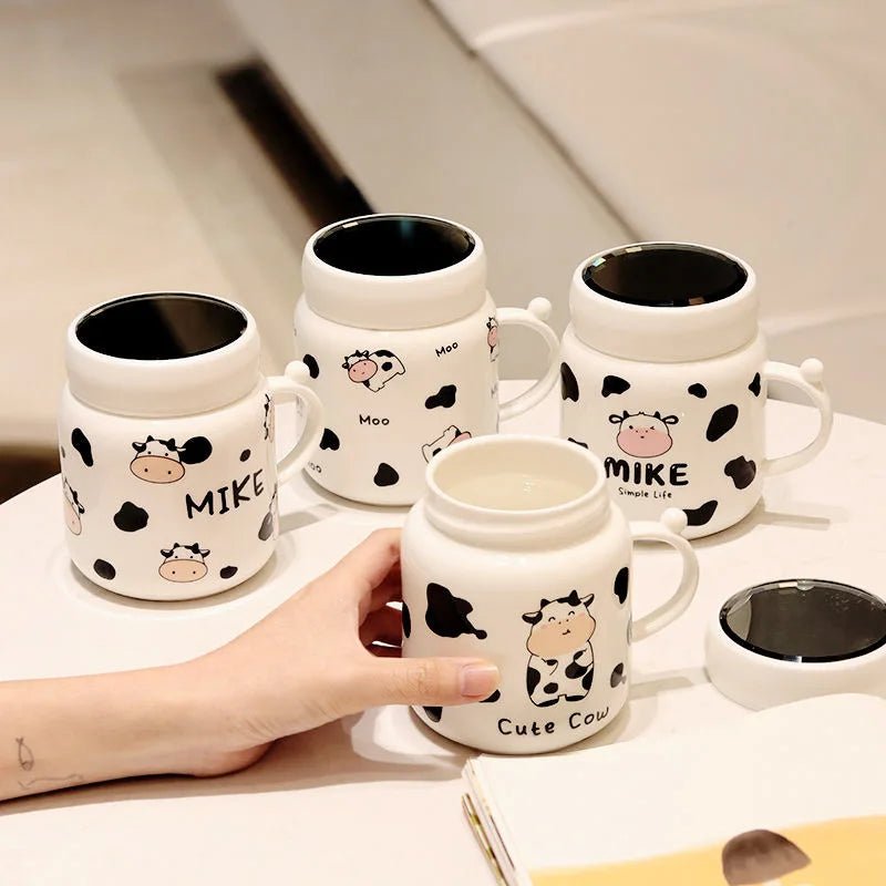 Caneca espelhada de vaca dos desenhos animados bonito vaca manchado garrafa de água cerâmica com alça casal kawaii estudante bebida copo de leite presente do escritório