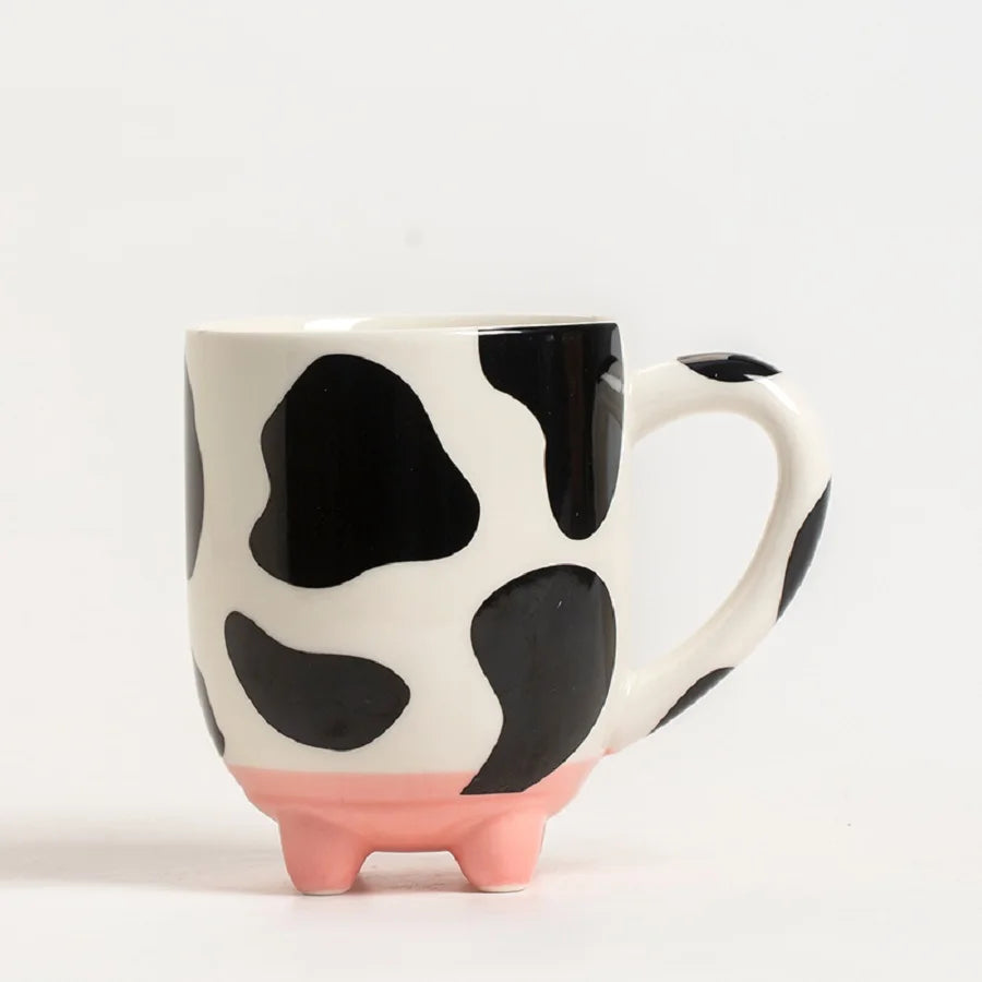 1pc, 500ml/17oz copo de cerâmica bonito dos desenhos animados, padrão criativo de vaca e copo de caneca de água com pés, copo de café verão inverno drinkware, presente