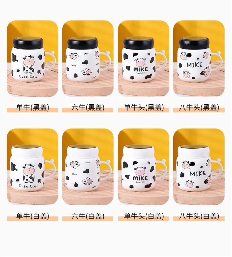 Caneca espelhada de vaca dos desenhos animados bonito vaca manchado garrafa de água cerâmica com alça casal kawaii estudante bebida copo de leite presente do escritório