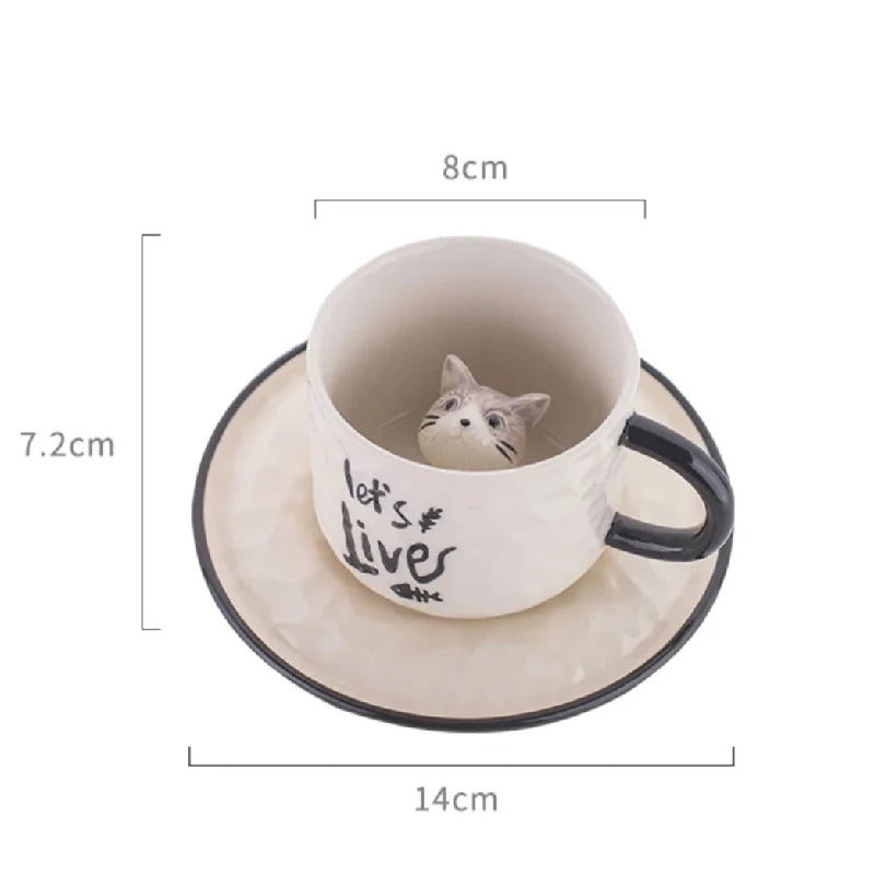 Caneca de café cerâmica gatinho 200ml com pires, fundo tridimensional fofo, animal, leite de vaca, xícara de chá, menina, gato, presente de feriado