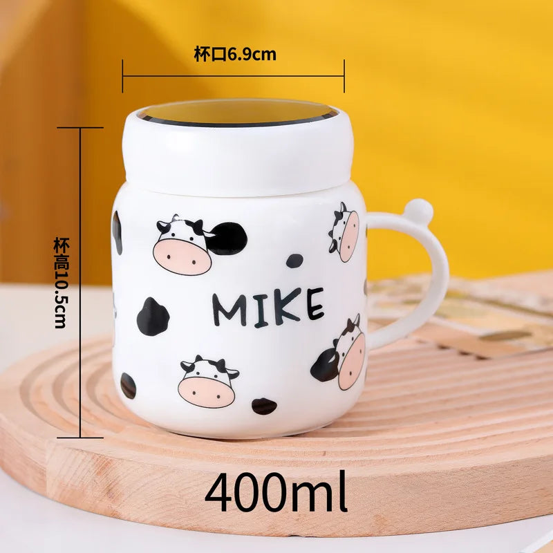 Caneca espelhada de vaca dos desenhos animados bonito vaca manchado garrafa de água cerâmica com alça casal kawaii estudante bebida copo de leite presente do escritório