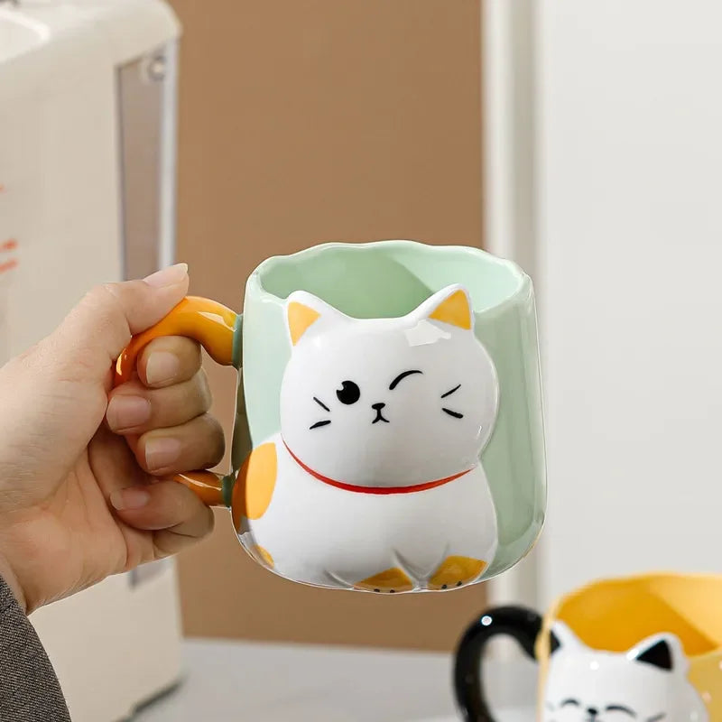 Cartoon 3D Embossed Ceramic Cup, Café Leite Chá, Breakfast Handle Cup, Cute Cat Louça, Novidade Presente para Casa, Caneca 500ml