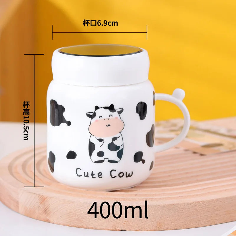 Caneca espelhada de vaca dos desenhos animados bonito vaca manchado garrafa de água cerâmica com alça casal kawaii estudante bebida copo de leite presente do escritório