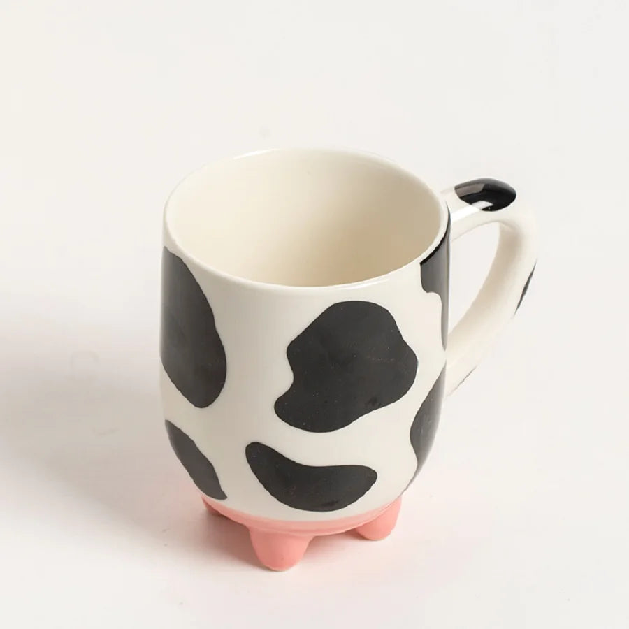 1pc, 500ml/17oz copo de cerâmica bonito dos desenhos animados, padrão criativo de vaca e copo de caneca de água com pés, copo de café verão inverno drinkware, presente