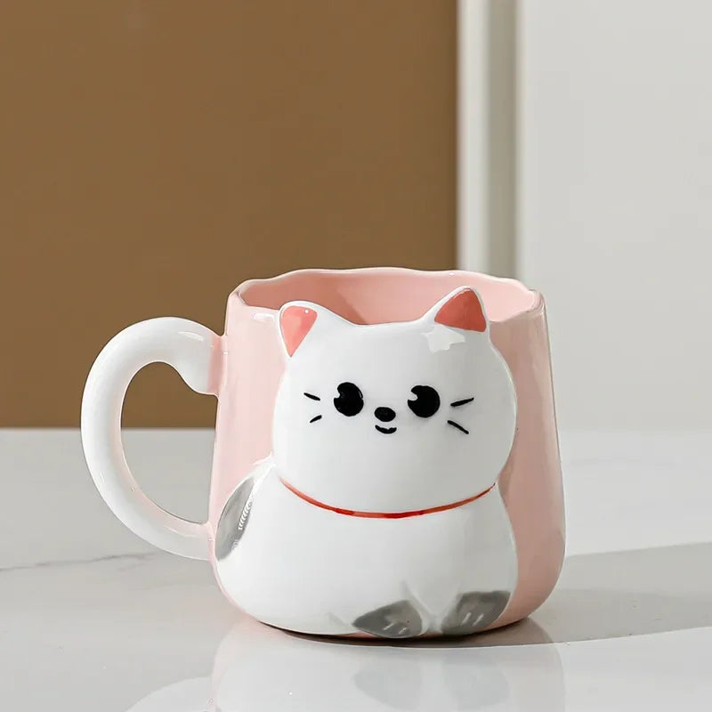 Cartoon 3D Embossed Ceramic Cup, Café Leite Chá, Breakfast Handle Cup, Cute Cat Louça, Novidade Presente para Casa, Caneca 500ml