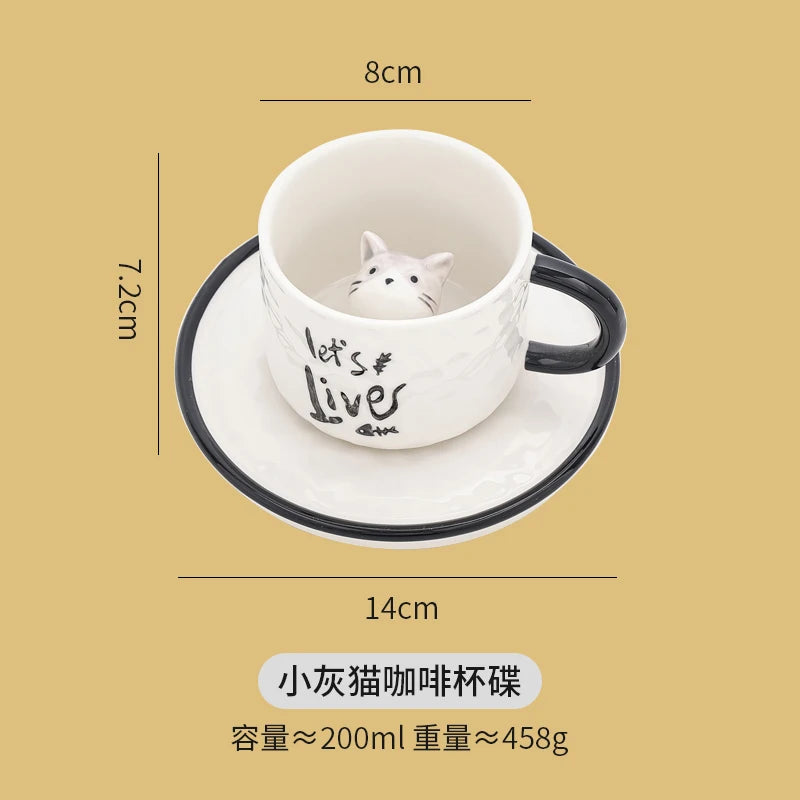 Caneca de café cerâmica gatinho 200ml com pires, fundo tridimensional fofo, animal, leite de vaca, xícara de chá, menina, gato, presente de feriado