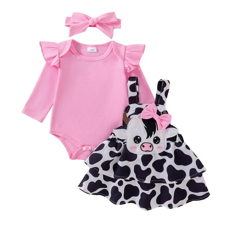 Pudcoco-conjunto romper do bebê menina, cor sólida, com impressão padrão de vaca, babados, saia suspensor, headband, 0 a 18 anos, 3 peças