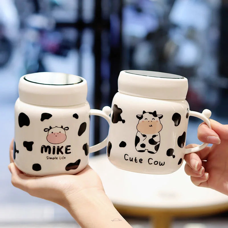 Caneca espelhada de vaca dos desenhos animados bonito vaca manchado garrafa de água cerâmica com alça casal kawaii estudante bebida copo de leite presente do escritório