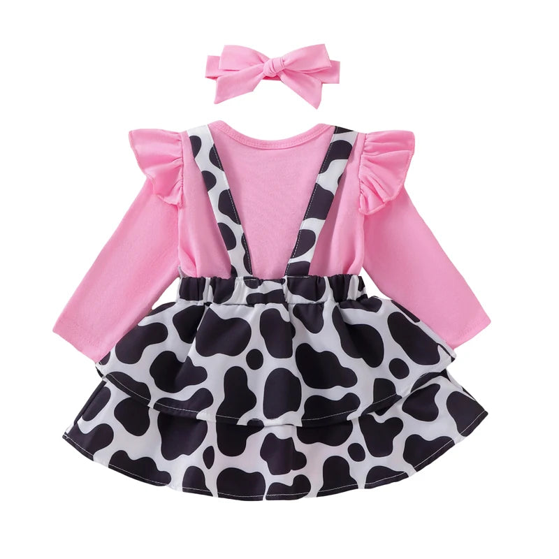 Pudcoco-conjunto romper do bebê menina, cor sólida, com impressão padrão de vaca, babados, saia suspensor, headband, 0 a 18 anos, 3 peças