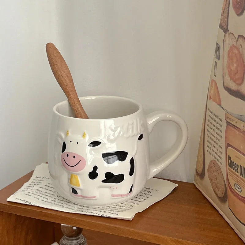 Caneca de leite de cerâmica com desenho de animal, xícara de café de vaca fofa, criativa, para casa, leite, chá, escritório, presente de feriado para crianças