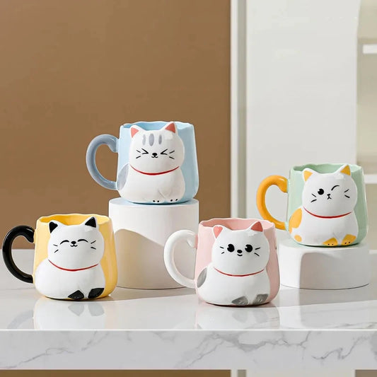 Cartoon 3D Embossed Ceramic Cup, Café Leite Chá, Breakfast Handle Cup, Cute Cat Louça, Novidade Presente para Casa, Caneca 500ml