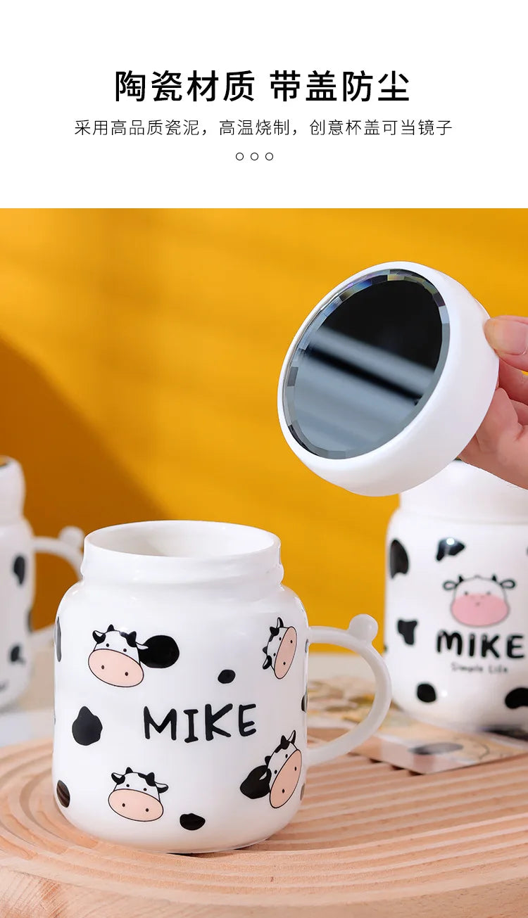 Caneca espelhada de vaca dos desenhos animados bonito vaca manchado garrafa de água cerâmica com alça casal kawaii estudante bebida copo de leite presente do escritório