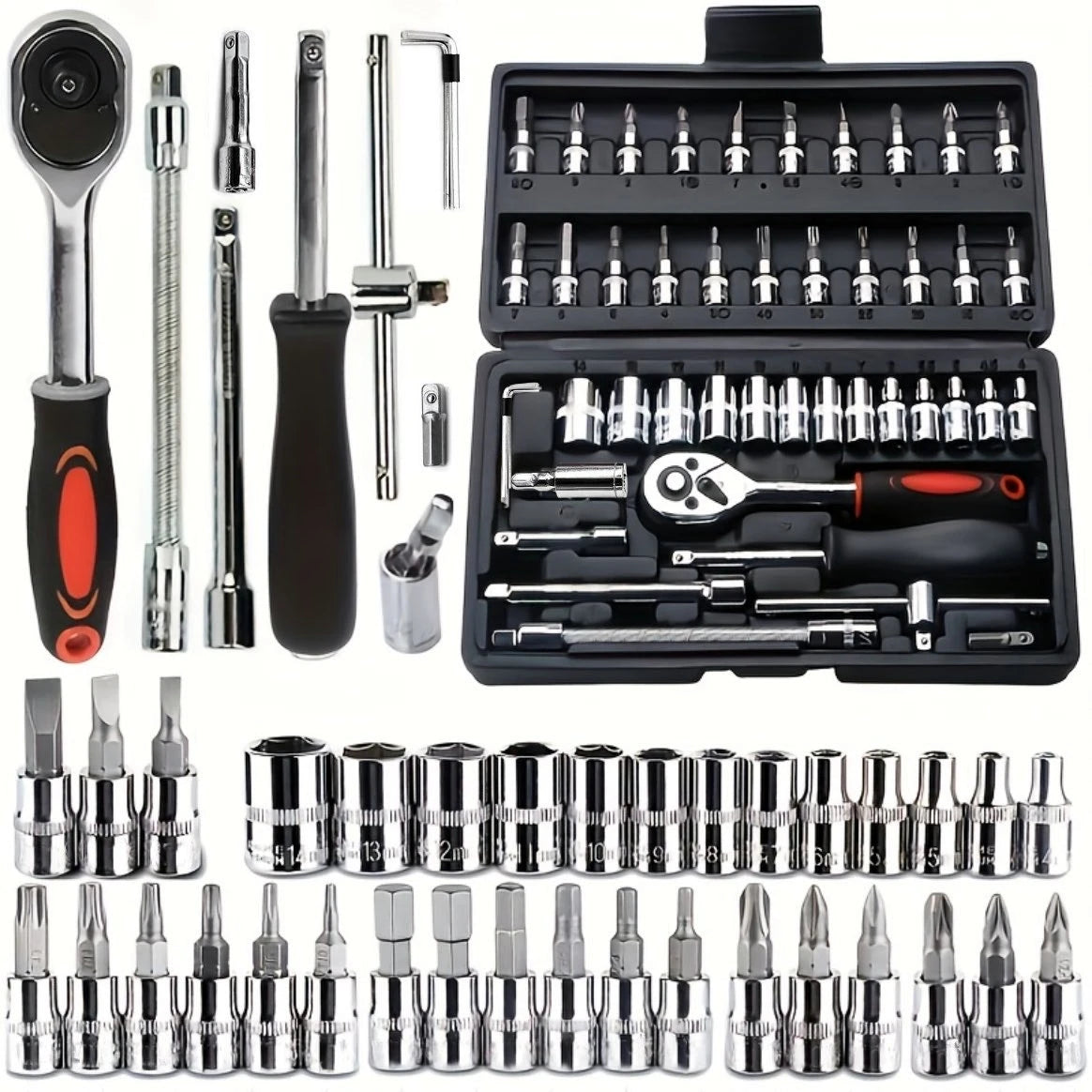 Kit de ferramentas para reparo de carro, 46 peças, conjunto de chave de catraca de soquete de unidade de 1/4 polegadas, kit de ferramentas combinadas, ferramenta de reparo de bicicleta