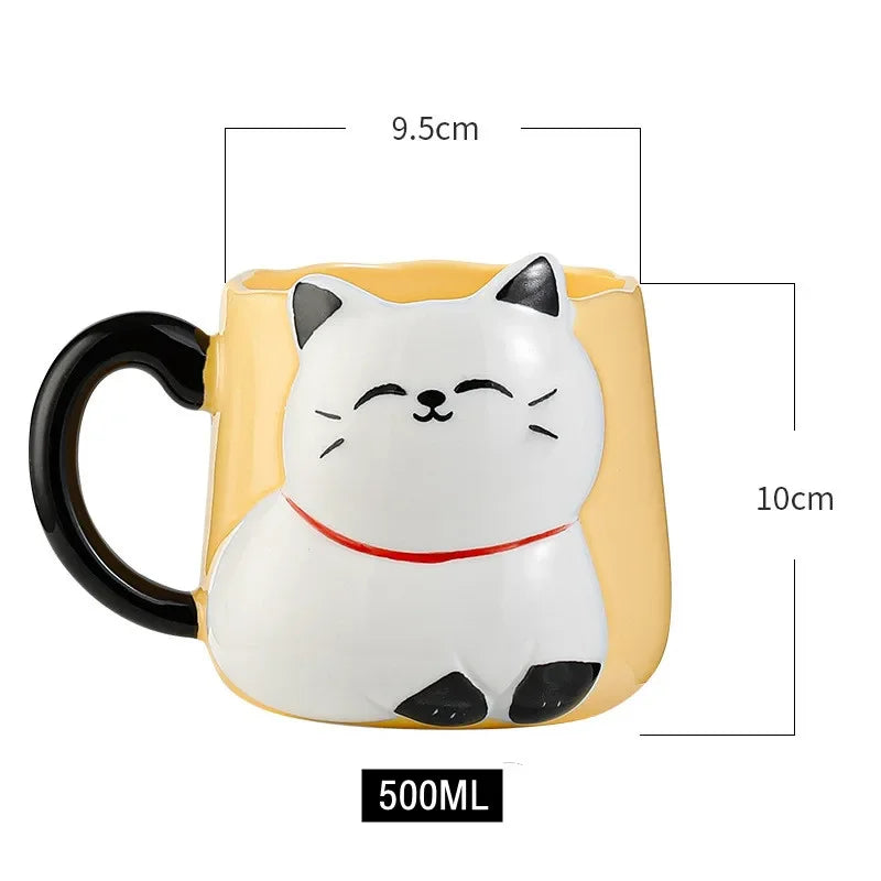 Cartoon 3D Embossed Ceramic Cup, Café Leite Chá, Breakfast Handle Cup, Cute Cat Louça, Novidade Presente para Casa, Caneca 500ml