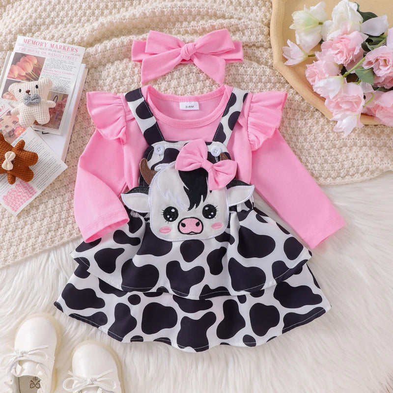 Pudcoco-conjunto romper do bebê menina, cor sólida, com impressão padrão de vaca, babados, saia suspensor, headband, 0 a 18 anos, 3 peças