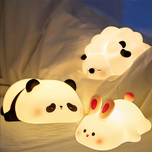 Luzes noturnas led fofas de ovelha panda coelho lâmpada de silicone recarregável usb cronometragem decoração de cabeceira crianças bebê luz noturna presente de aniversário