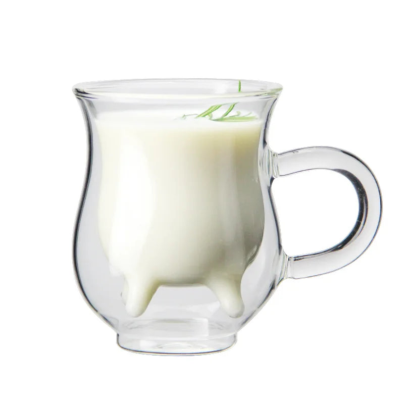 Copo de creme de vidro de dupla camada de vaca criativa 250ml adorável jarro de leite suco chá xícara de café caneca de vidro transparente jarro de espuma de leite