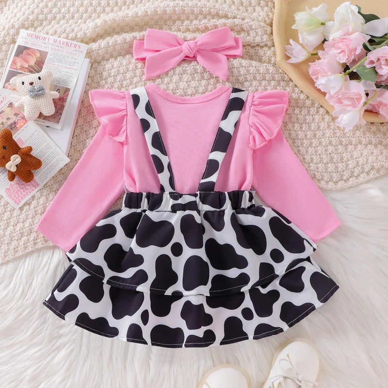 Pudcoco-conjunto romper do bebê menina, cor sólida, com impressão padrão de vaca, babados, saia suspensor, headband, 0 a 18 anos, 3 peças