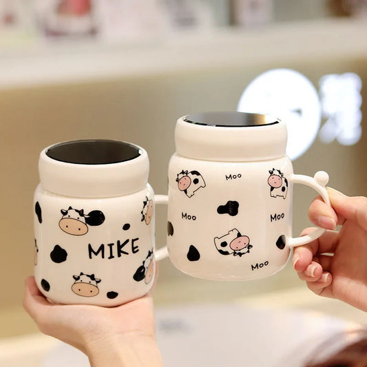 Caneca espelhada de vaca dos desenhos animados bonito vaca manchado garrafa de água cerâmica com alça casal kawaii estudante bebida copo de leite presente do escritório