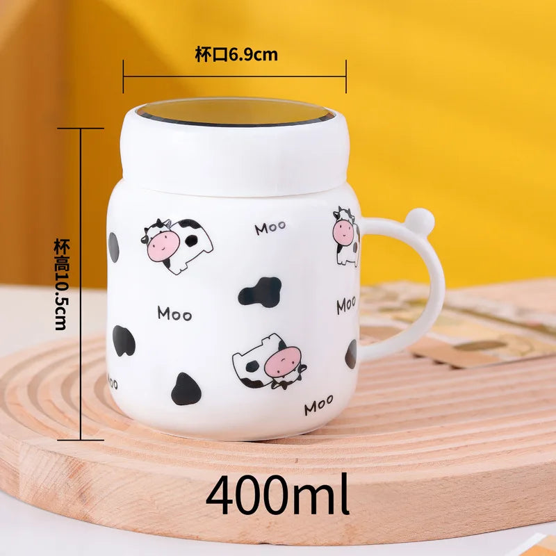 Caneca espelhada de vaca dos desenhos animados bonito vaca manchado garrafa de água cerâmica com alça casal kawaii estudante bebida copo de leite presente do escritório