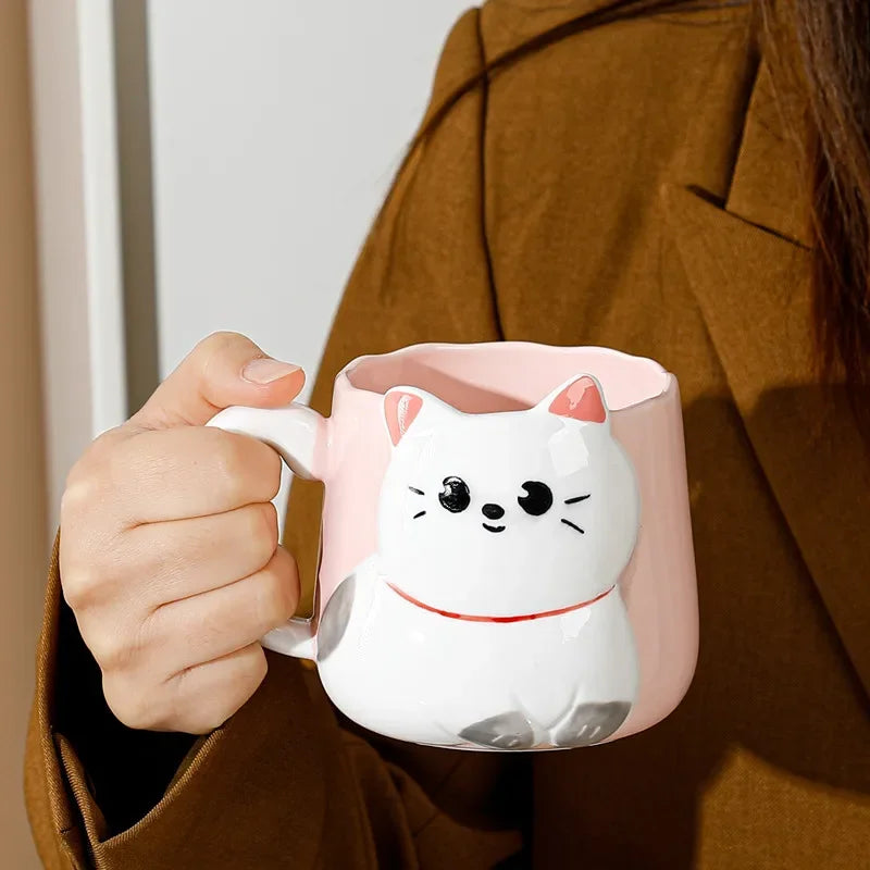 Cartoon 3D Embossed Ceramic Cup, Café Leite Chá, Breakfast Handle Cup, Cute Cat Louça, Novidade Presente para Casa, Caneca 500ml