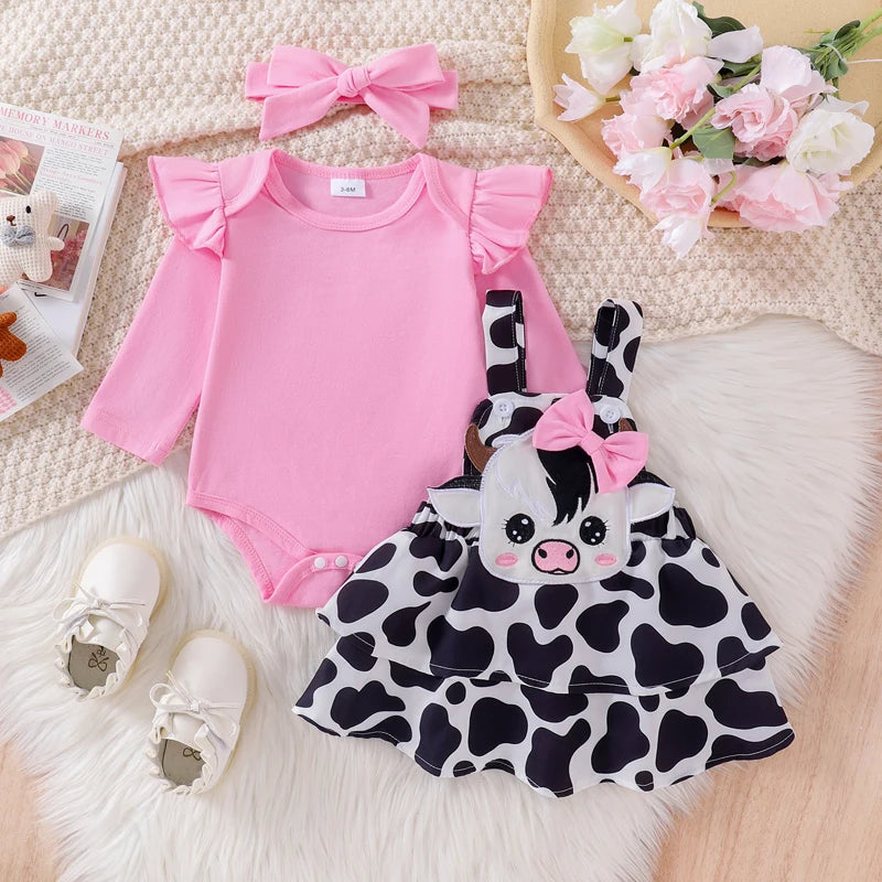 Pudcoco-conjunto romper do bebê menina, cor sólida, com impressão padrão de vaca, babados, saia suspensor, headband, 0 a 18 anos, 3 peças