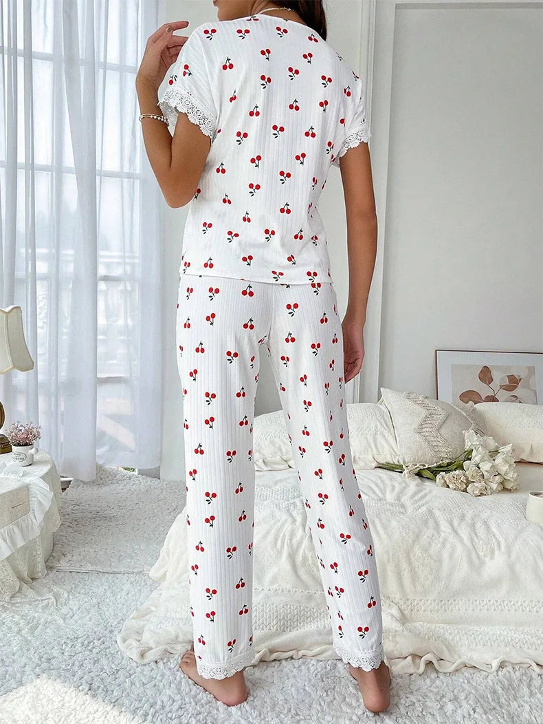 Conjunto de pijama feminino com acabamento em renda, manga curta, botão frontal, top e calças compridas, estampa cereja, 2 peças, roupa de dormir, roupa de dormir