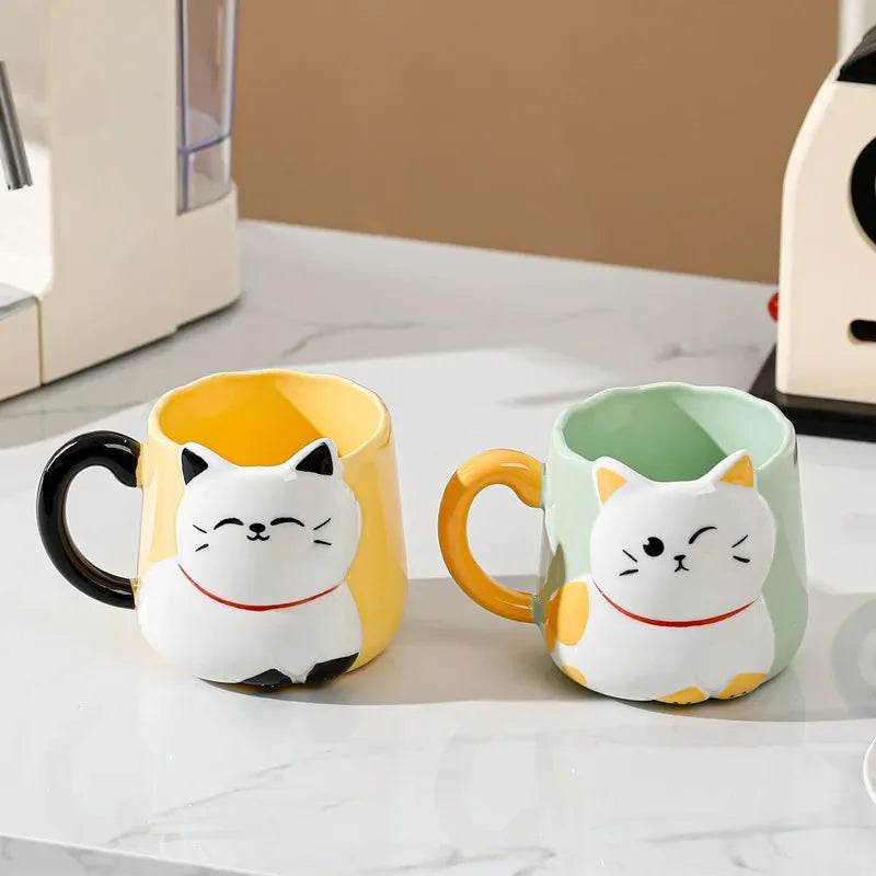 Cartoon 3D Embossed Ceramic Cup, Café Leite Chá, Breakfast Handle Cup, Cute Cat Louça, Novidade Presente para Casa, Caneca 500ml