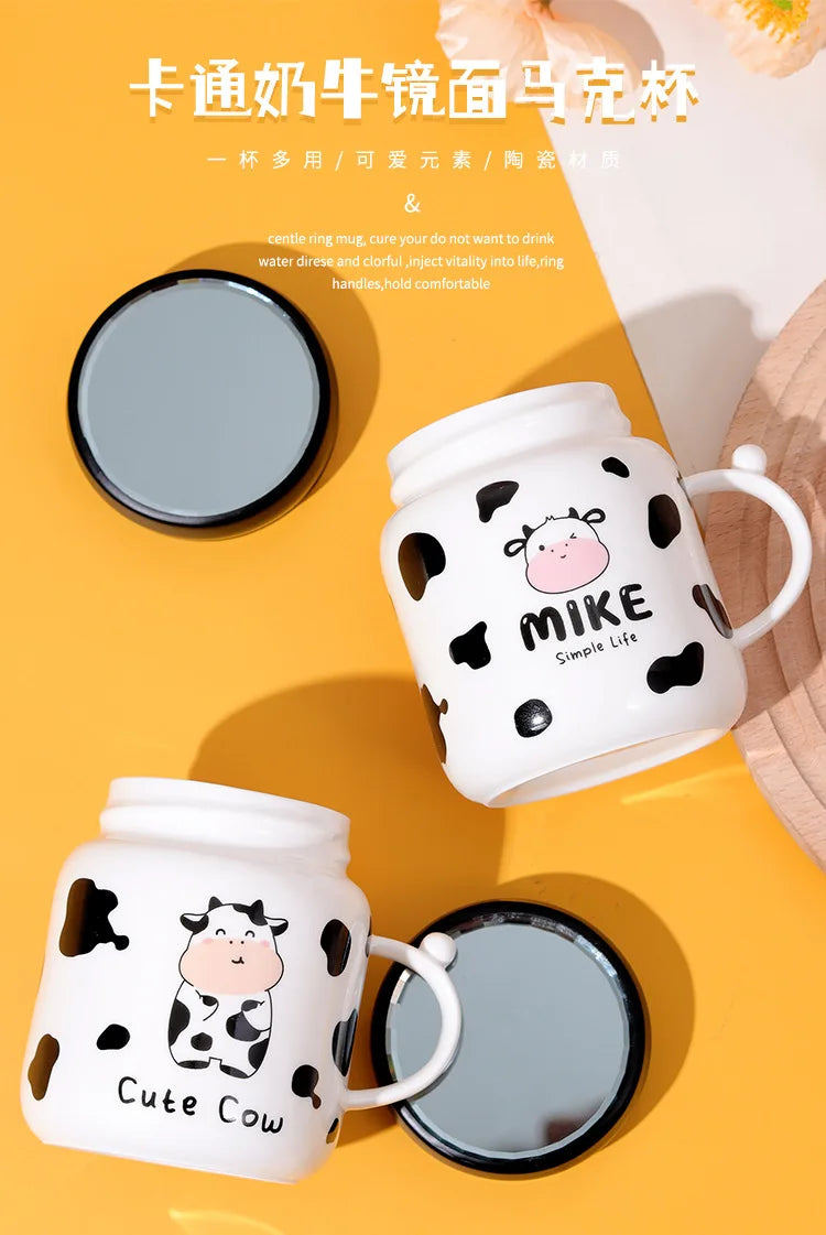 Caneca espelhada de vaca dos desenhos animados bonito vaca manchado garrafa de água cerâmica com alça casal kawaii estudante bebida copo de leite presente do escritório